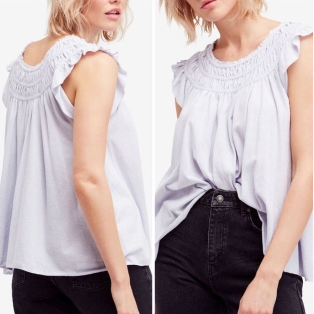 Free People | Women’s Light Periwinkle/Blue Ruffled Cap Sleeve Flowy Boho Top, S